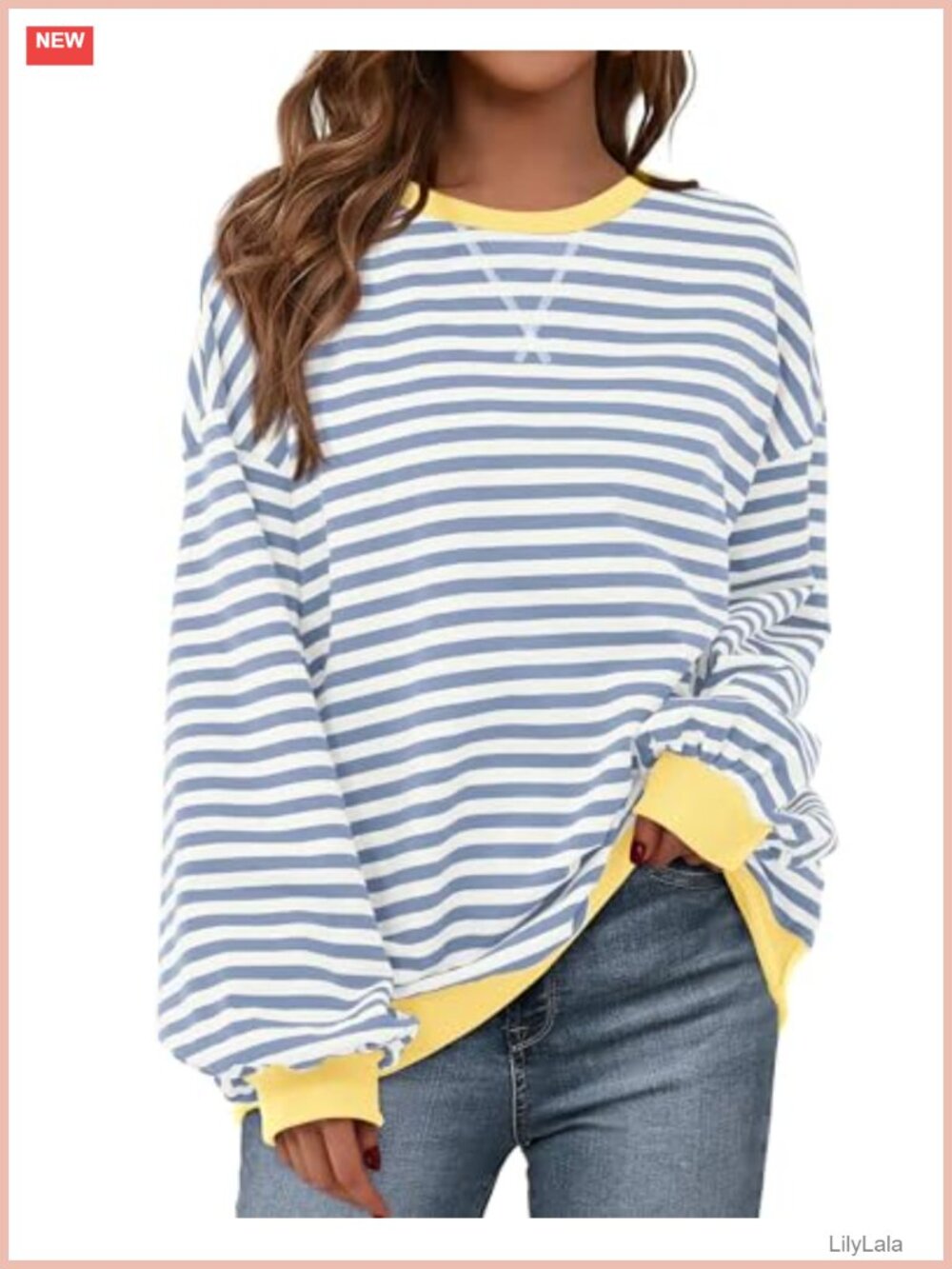 Oversized Striped Crewneck Sweatshirt Lantern Sleeve Loose Fit Pullover